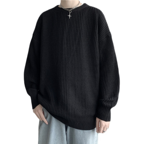 港味ins復古粗線圓領毛衣男韓版潮流針織衫秋冬季寬松純色毛線衣