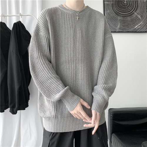 港味ins復古粗線圓領毛衣男韓版潮流針織衫秋冬季寬松純色毛線衣