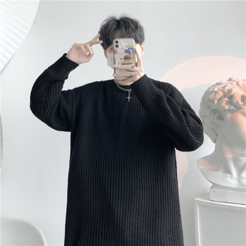 港味ins復古粗線圓領毛衣男韓版潮流針織衫秋冬季寬松純色毛線衣