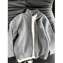 灰色高級感拉鍊毛衣男款秋季針織開衫外套慵懶風美式復古立領夾克