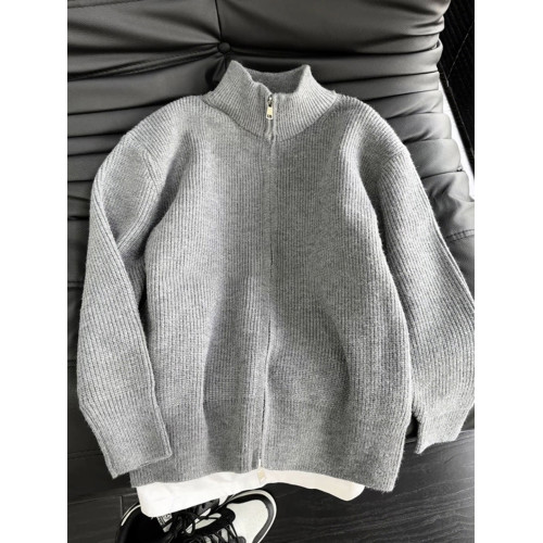 灰色高級感拉鍊毛衣男款秋季針織開衫外套慵懶風美式復古立領夾克