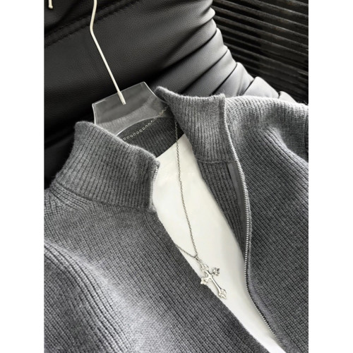 灰色高級感拉鍊毛衣男款秋季針織開衫外套慵懶風美式復古立領夾克