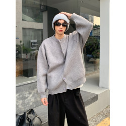 灰色高級感開衫毛衣男女秋冬韓系穿搭街頭復古寬松休閒針織衫外套