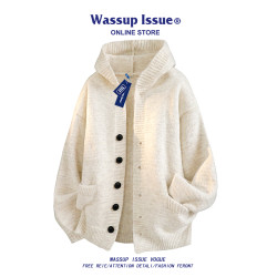 WASSUP ISSUE慵懶風連帽開衫毛衣男春秋寬松高級感針織衫情侶外套