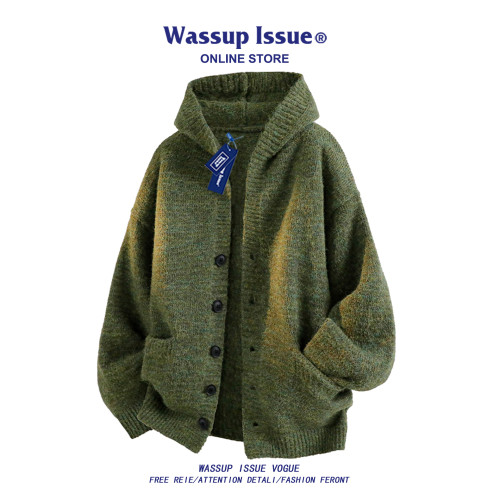 WASSUP ISSUE慵懶風連帽開衫毛衣男春秋寬松高級感針織衫情侶外套 WASSUP ISSUE慵懶風連帽開衫毛衣男春秋寬松高級感針織衫情侶外套