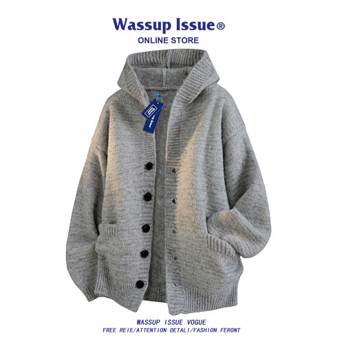 WASSUP ISSUE慵懶風連帽開衫毛衣男春秋寬松高級感針織衫情侶外套 WASSUP ISSUE慵懶風連帽開衫毛衣男春秋寬松高級感針織衫情侶外套