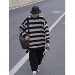 條紋圓領毛衣男秋冬季日系復古慵嬾風針織衫寬鬆大碼休閒學生線衣