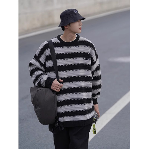 條紋圓領毛衣男秋冬季日系復古慵嬾風針織衫寬鬆大碼休閒學生線衣