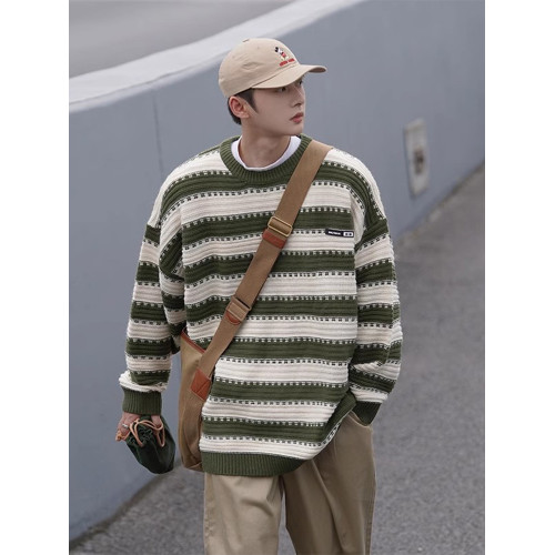 條紋圓領毛衣男秋冬季日系復古慵嬾風針織衫寬鬆大碼休閒學生線衣