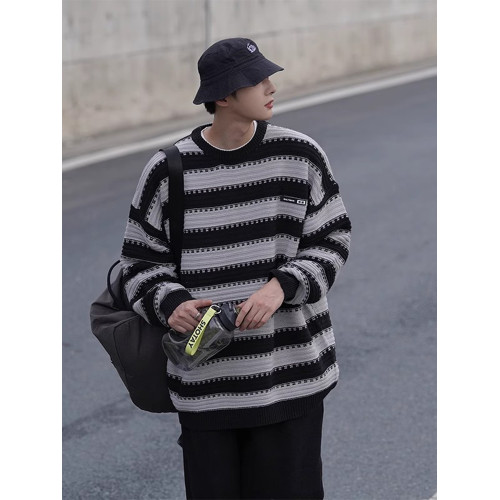 條紋圓領毛衣男秋冬季日系復古慵嬾風針織衫寬鬆大碼休閒學生線衣