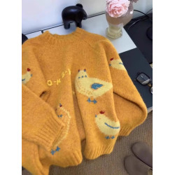 韓系復古軟糯黃色毛衣女高級感超好看慵懶風圓領加厚卡通針織上衣