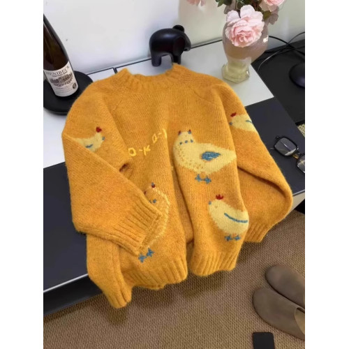 韓系復古軟糯黃色毛衣女高級感超好看慵懶風圓領加厚卡通針織上衣