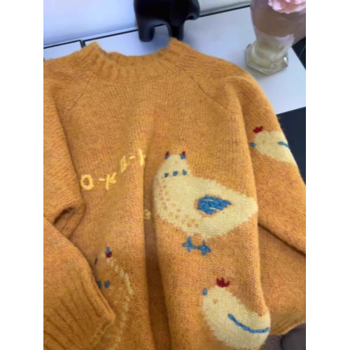 韓系復古軟糯黃色毛衣女高級感超好看慵懶風圓領加厚卡通針織上衣