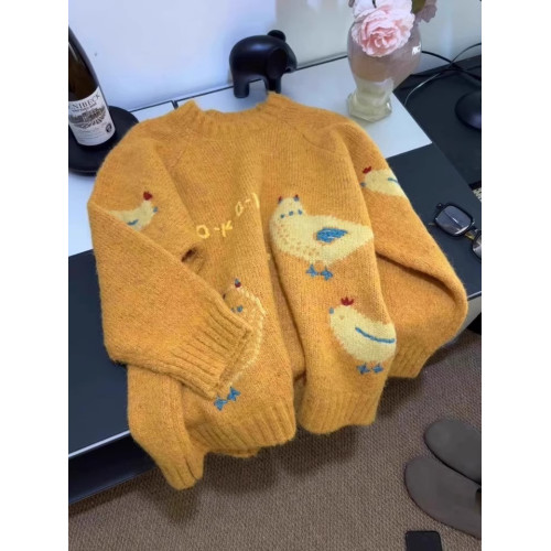 韓系復古軟糯黃色毛衣女高級感超好看慵懶風圓領加厚卡通針織上衣