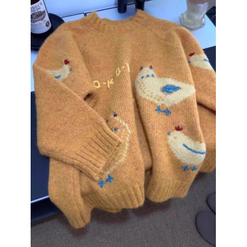 韓系復古軟糯黃色毛衣女高級感超好看慵懶風圓領加厚卡通針織上衣