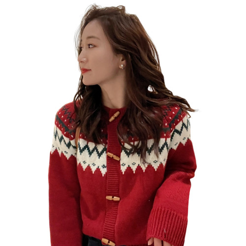 聖誕新年紅色費爾島毛衣女2025新款秋冬高級感超好看慵懶針織開衫