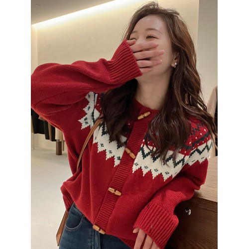 聖誕新年紅色費爾島毛衣女2025新款秋冬高級感超好看慵懶針織開衫