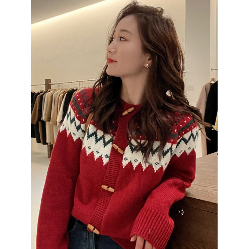 聖誕新年紅色費爾島毛衣女2025新款秋冬高級感超好看慵懶針織開衫