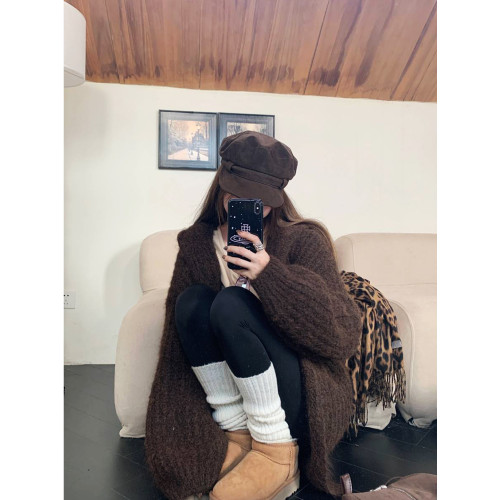 連帽燈籠袖針織毛衣開衫外套女2025秋季新款厚實慵懶軟糯顯瘦上衣