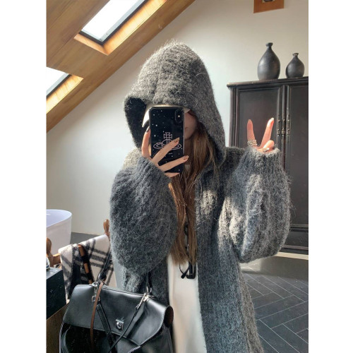 連帽燈籠袖針織毛衣開衫外套女2025秋季新款厚實慵懶軟糯顯瘦上衣