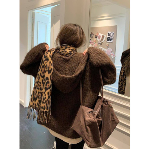 連帽燈籠袖針織毛衣開衫外套女2025秋季新款厚實慵懶軟糯顯瘦上衣