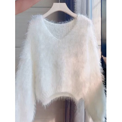 2025新款v領套頭慵懶秋冬款毛衣休閒寬松洋氣針織衫毛毛針織上衣