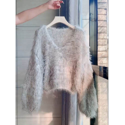 2025新款v領套頭慵懶秋冬款毛衣休閒寬松洋氣針織衫毛毛針織上衣