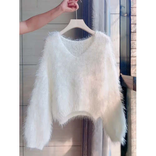 2025新款v領套頭慵懶秋冬款毛衣休閒寬松洋氣針織衫毛毛針織上衣