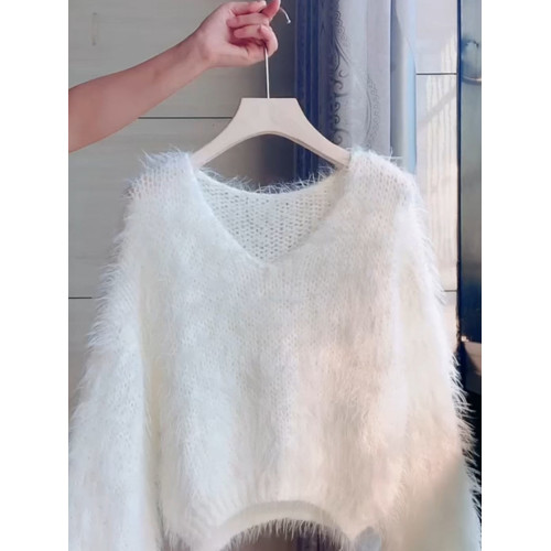 2025新款v領套頭慵懶秋冬款毛衣休閒寬松洋氣針織衫毛毛針織上衣