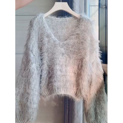 2025新款v領套頭慵懶秋冬款毛衣休閒寬松洋氣針織衫毛毛針織上衣