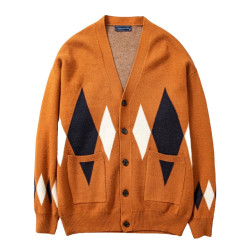 美式復古菱形格無領開衫毛衣外套男春秋季寬鬆百搭高級感針織衫男