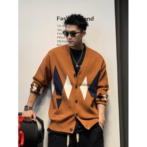 美式復古菱形格無領開衫毛衣外套男春秋季寬鬆百搭高級感針織衫男