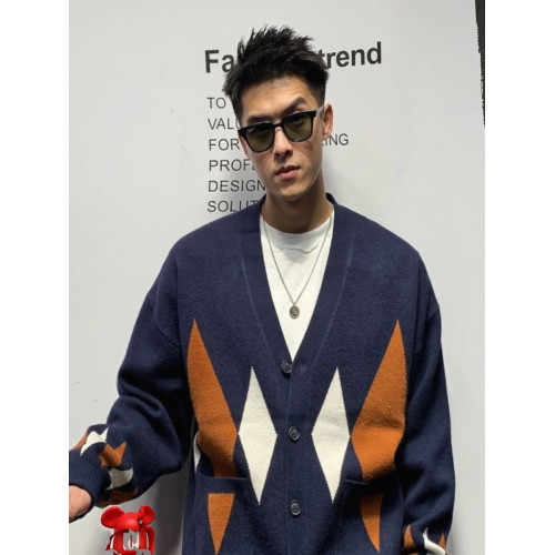 美式復古菱形格無領開衫毛衣外套男春秋季寬鬆百搭高級感針織衫男