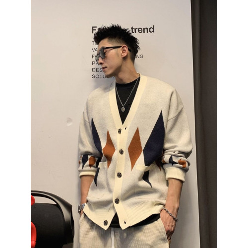 美式復古菱形格無領開衫毛衣外套男春秋季寬鬆百搭高級感針織衫男