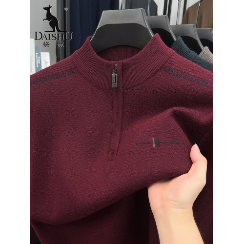 袋鼠冬季毛衣男士中老年加厚保暖爸爸裝半高領拉鍊針織衫打底線衫