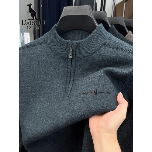 袋鼠冬季毛衣男士中老年加厚保暖爸爸裝半高領拉鍊針織衫打底線衫