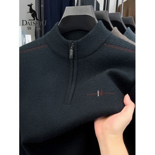 袋鼠冬季毛衣男士中老年加厚保暖爸爸裝半高領拉鍊針織衫打底線衫