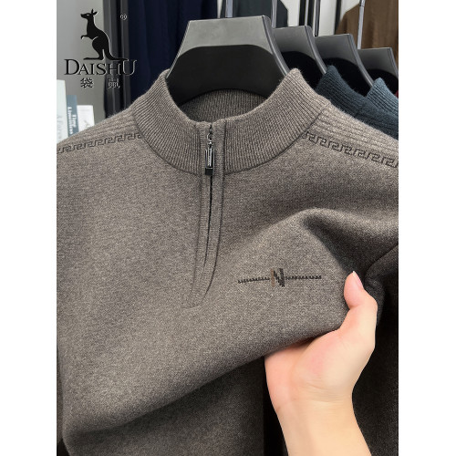 袋鼠冬季毛衣男士中老年加厚保暖爸爸裝半高領拉鍊針織衫打底線衫