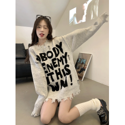 美式破洞毛衣女春季2025新款設計感字母寬松中長款長袖針織上衣潮