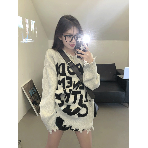 美式破洞毛衣女春季2025新款設計感字母寬松中長款長袖針織上衣潮