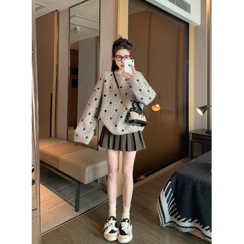 卡其色波點套頭毛衣女2025新款秋冬加厚寬松休閒慵懶風內搭針織衫