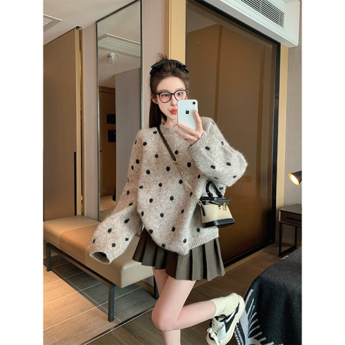 卡其色波點套頭毛衣女2025新款秋冬加厚寬松休閒慵懶風內搭針織衫