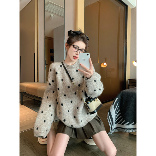 卡其色波點套頭毛衣女2025新款秋冬加厚寬松休閒慵懶風內搭針織衫
