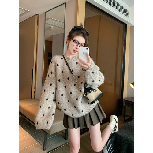 卡其色波點套頭毛衣女2025新款秋冬加厚寬松休閒慵懶風內搭針織衫