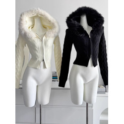 POPW 溫柔連帽開衫拉鍊毛衣女冬季新款優雅修身顯瘦短款針織衫