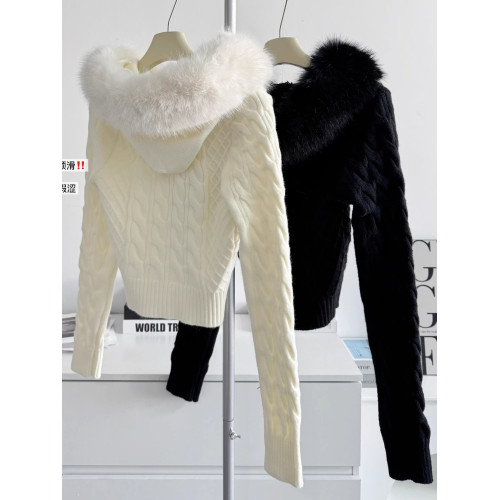 POPW 溫柔連帽開衫拉鍊毛衣女冬季新款優雅修身顯瘦短款針織衫