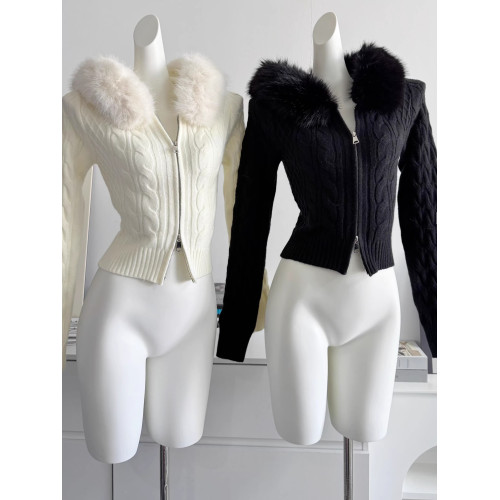 POPW 溫柔連帽開衫拉鍊毛衣女冬季新款優雅修身顯瘦短款針織衫