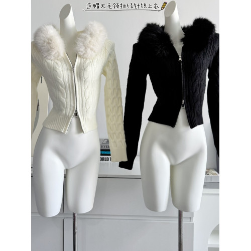 POPW 溫柔連帽開衫拉鍊毛衣女冬季新款優雅修身顯瘦短款針織衫