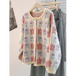 花朵刺綉正肩針織開衫女2025秋冬季新款大碼胖mm減齡奶乖毛衣外套