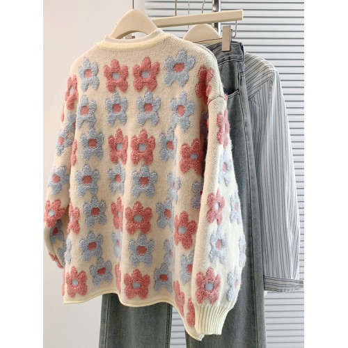 花朵刺綉正肩針織開衫女2025秋冬季新款大碼胖mm減齡奶乖毛衣外套